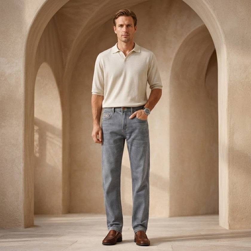 Men’s slim fit grey wash jeans from FJØRNA, casual pants with a modern, tapered design and classic denim texture.