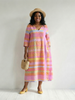 FJØRNA women's summer midi dress with long sleeves, striped pattern, flowy lightweight fabric, perfect for warm weather.