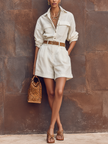 FJØRNA women's cotton-linen shirt jumpsuit with lapel collar, long sleeves, and button-down front, styled as pants.