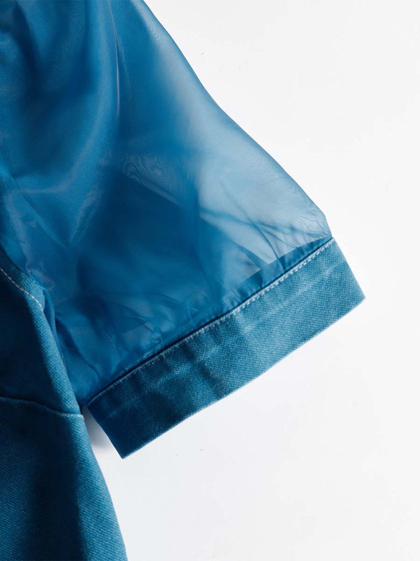 Blue denim V-neck short-sleeved organza women's maxi dress by FJØRNA, flowing design with a fitted waist and elegant style.