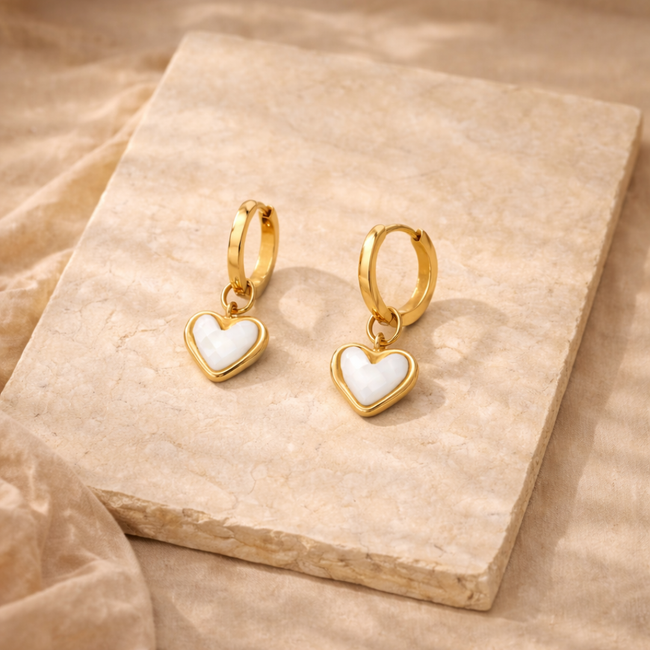 FJØRNA white quartz heart huggie earrings for women with gold accents, delicate jewelry accessory