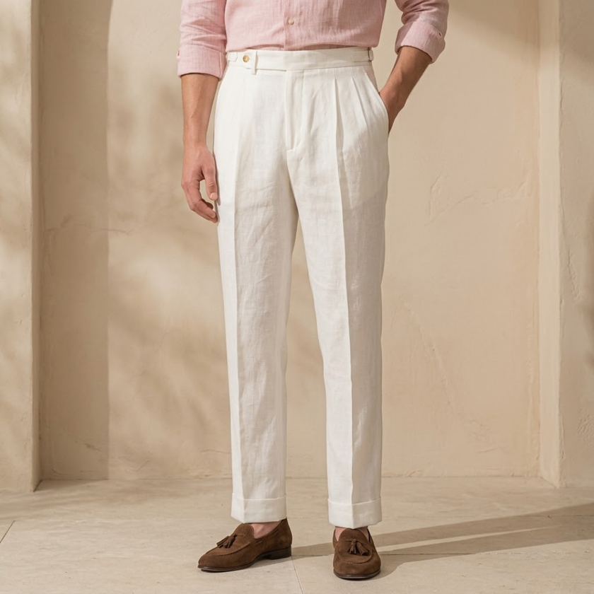 FJØRNA men's linen straight-leg trousers with high waist and pleats, displaying the lightweight fabric and tailored fit.