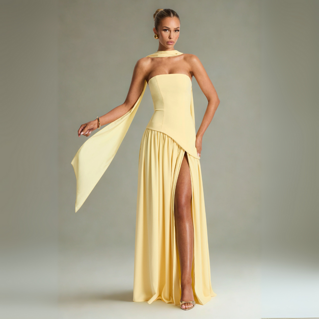 Isla - Women's Maxi Dress Lemon Non-Stretch Crepe with Thigh-High Split