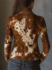Brown cow print suede jacket with stand collar for women by FJØRNA, featuring a stylish and textured design.