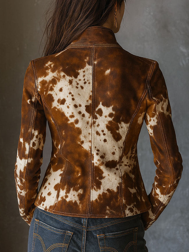 Brown cow print suede jacket with stand collar for women by FJØRNA, featuring a stylish and textured design.