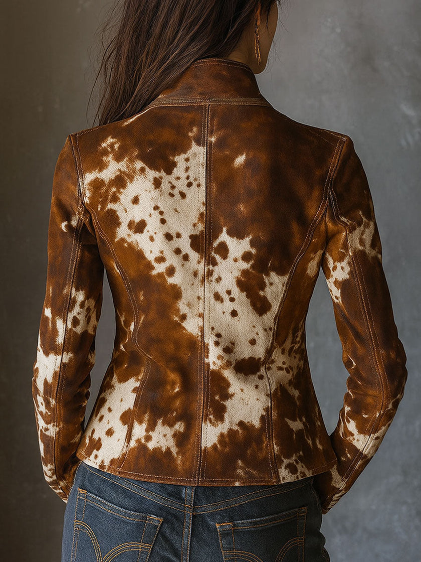 Brown cow print suede jacket with stand collar for women by FJØRNA, featuring a stylish and textured design.