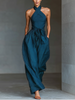 FJØRNA women's linen cross halter jumpsuit with wide-leg pants, tie waist, and side pockets, perfect for casual wear.