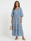 FJØRNA women's summer midi dress with a colorful print and wrap design, perfect for warm-weather occasions.