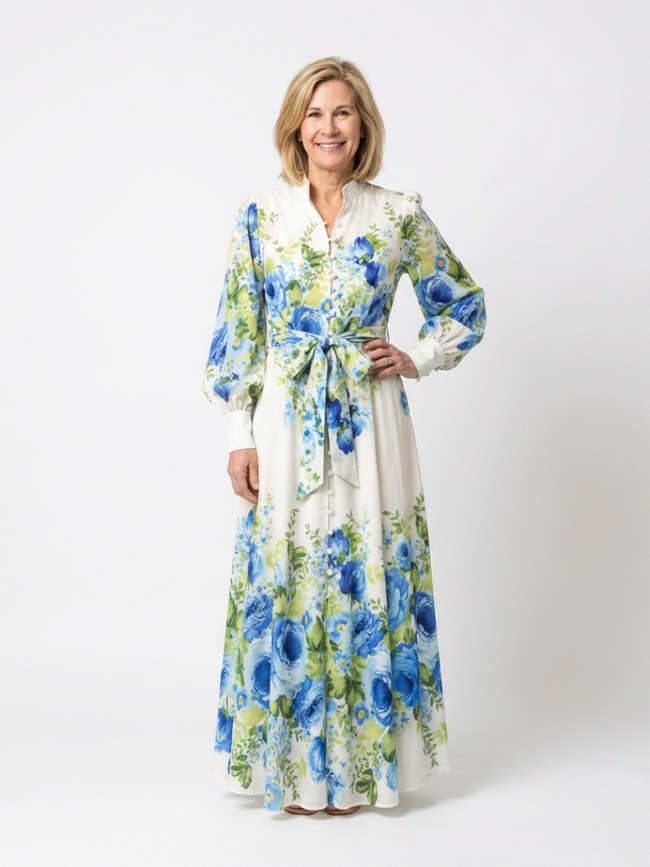 FJØRNA women's summer maxi dress with floral pattern, flowy, lightweight, breathable fabric, perfect for warm weather.