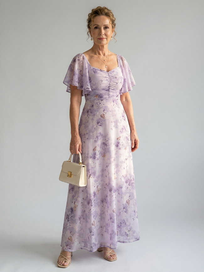 FJØRNA women's summer midi dress with floral pattern, square neckline, and flutter sleeves, perfect for warm weather.