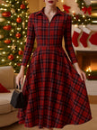 FJØRNA elegant long sleeve plaid dress with a classic and contemporary style, featuring a fitted bodice and flowy skirt.