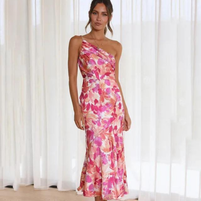Isla | Elegant Summer Dress with Slanted Shoulder and Floral Pattern