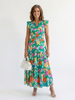 FJØRNA women's floral tiered summer midi dress with sleeveless design and lightweight fabric, perfect for warm weather.