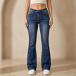 Women’s mid waist stretch flared denim jeans by FJØRNA, showcasing the fitted waistband and stylish flared leg design.