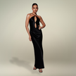 FJØRNA Studio | Black Satin Cut-Out Halter Gown with Open Back