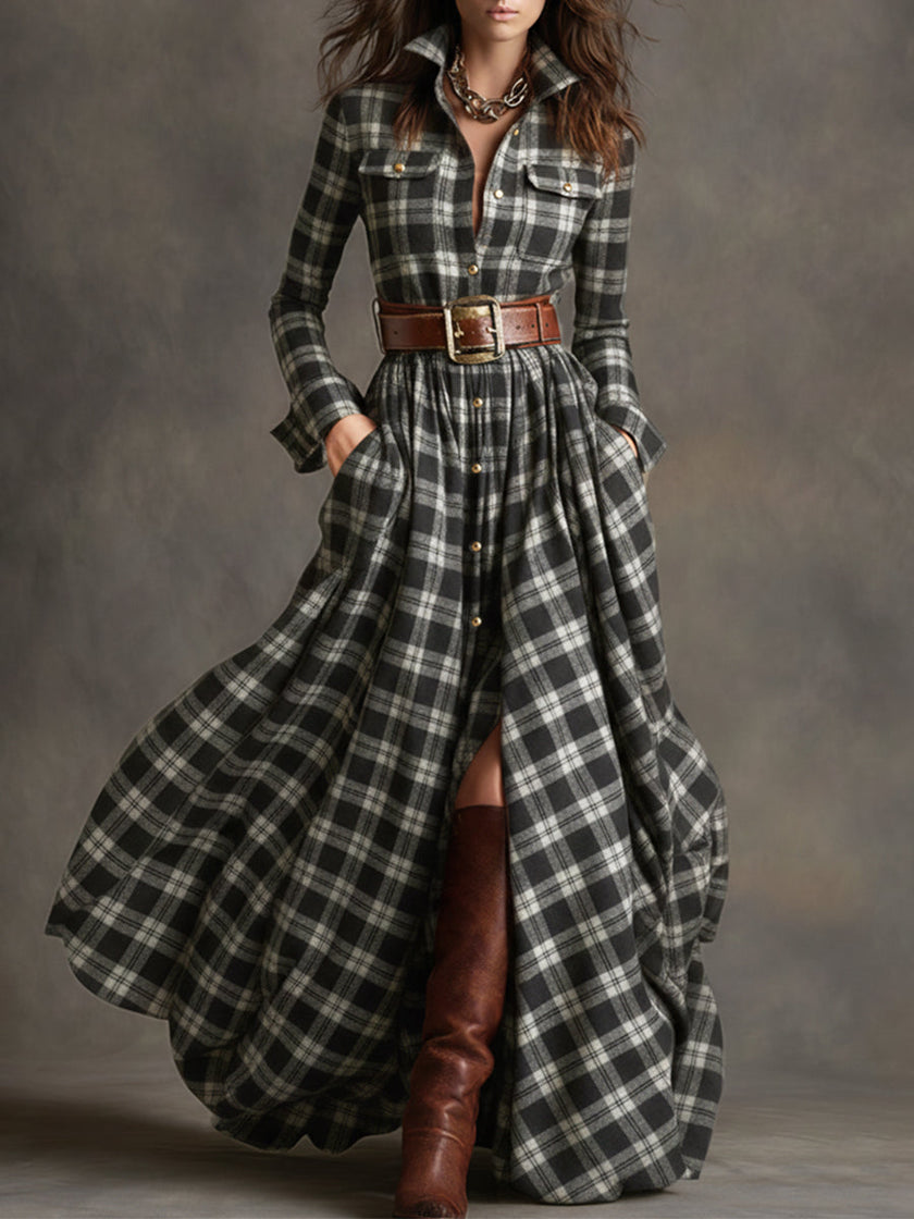 Brown FJØRNA maxi dress featuring a casual, flowing design with long sleeves and a relaxed fit, perfect for everyday wear.