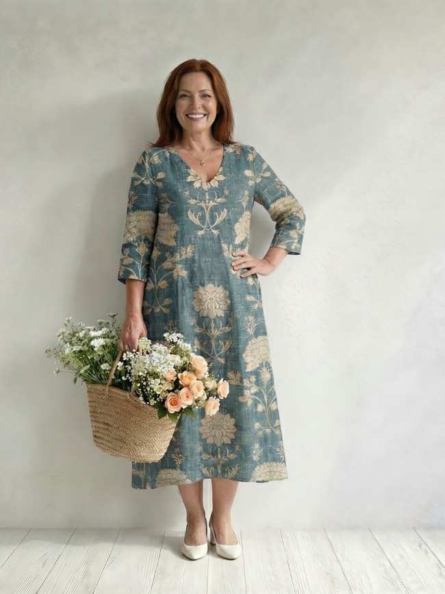 FJØRNA summer midi dress for women with floral print, long sleeves, and wrap design, lightweight and perfect for warm weather.