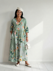 FJØRNA women's floral summer midi dress with long sleeves, flowy lightweight fabric, perfect for warm weather.