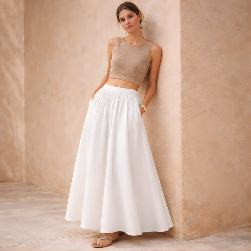 FJØRNA women's high waist maxi skirt, flowing fabric, full-length design, stylish and comfortable for casual or formal wear