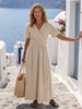 FJØRNA women's summer midi dress with V-neck, short sleeves, wrap design, flowy fabric, perfect for warm weather.