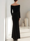 FJØRNA off-shoulder velvet mermaid gown for women featuring a fitted silhouette and elegant off-shoulder design.