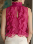 Magenta chiffon blouse for women with high neck, sleeveless design, and ruffle details by FJØRNA.