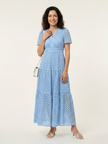 FJØRNA women's summer midi dress with short sleeves, wrap design, flowy fabric, tailored fit, perfect for warm weather.