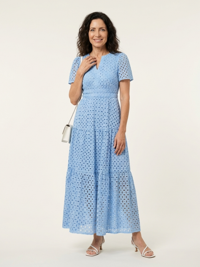 FJØRNA women's summer midi dress with short sleeves, wrap design, flowy fabric, tailored fit, perfect for warm weather.