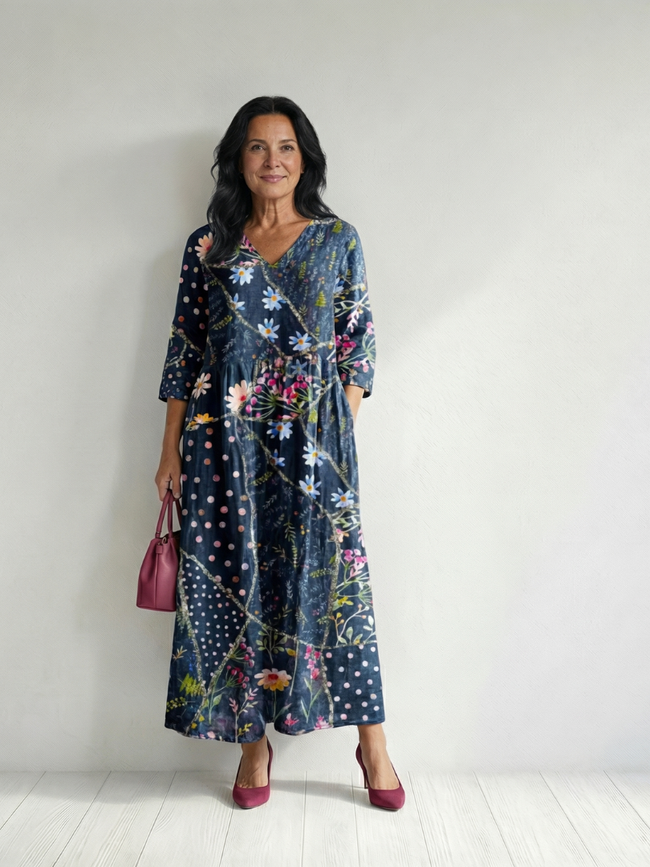 FJØRNA women's floral summer midi dress with long sleeves and wrap design, perfect for warm-weather occasions.