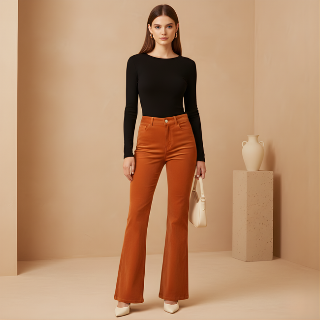 FJØRNA women's high waist flared trousers, stylish pants with a fitted waist and wide flare leg silhouette.