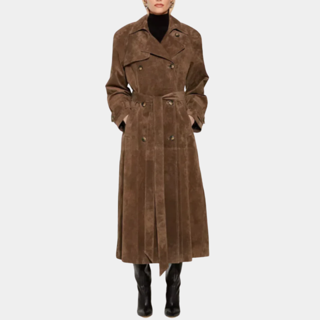 Belted Long Coat Suede Brown