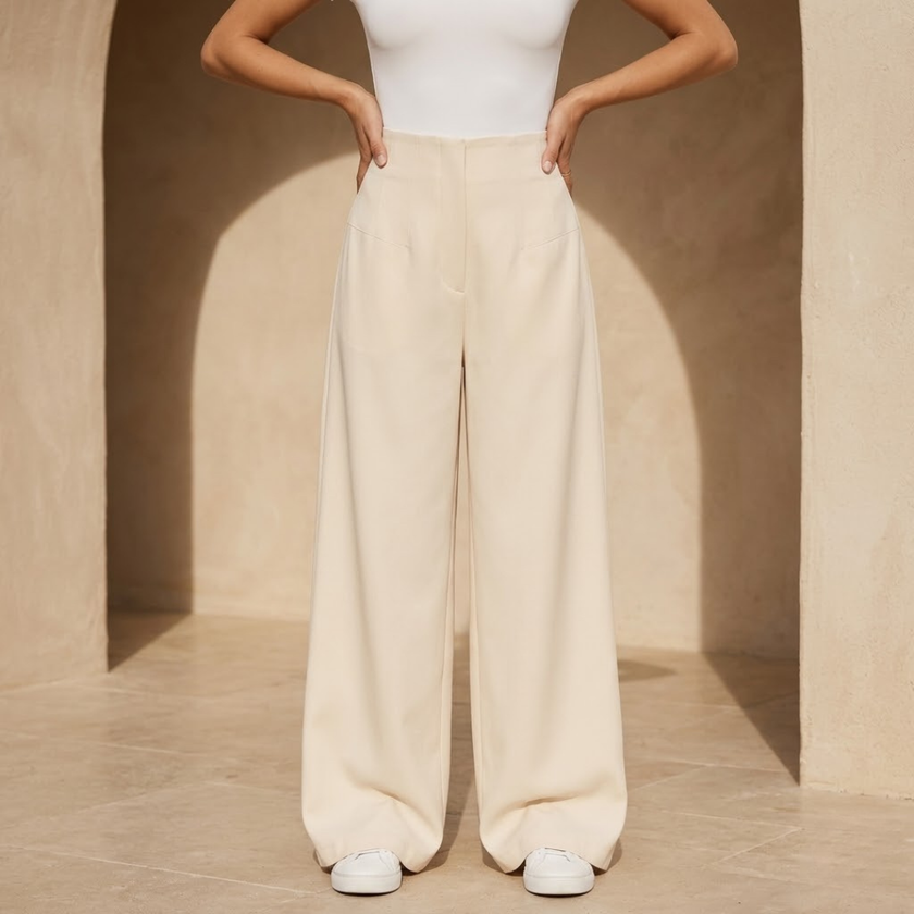 Women’s high waisted tailored wide-leg trousers by FJØRNA, featuring a sleek fit and classic design, shown in the image.
