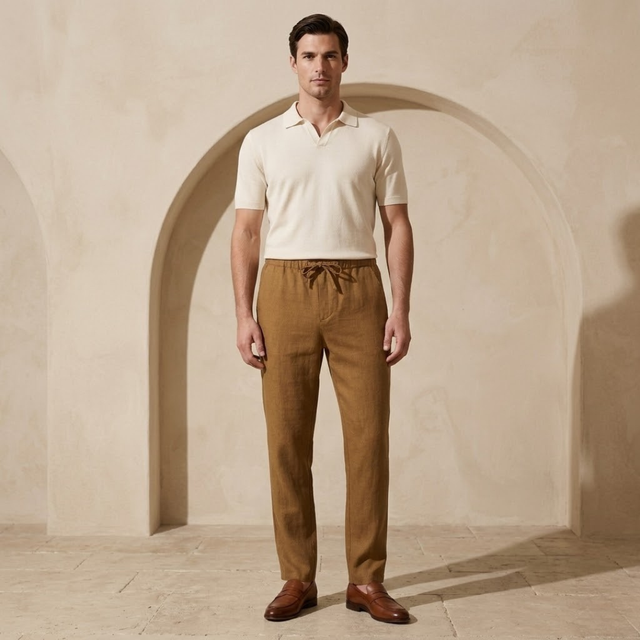 FJØRNA men's cotton linen trousers with drawstring, relaxed fit, lightweight casual pants, natural fabric and comfortable design.