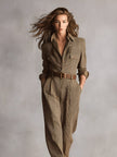 FJØRNA women's tweed texture plaid jumpsuit with collared V-neck, utility pockets, and stylish pants design.