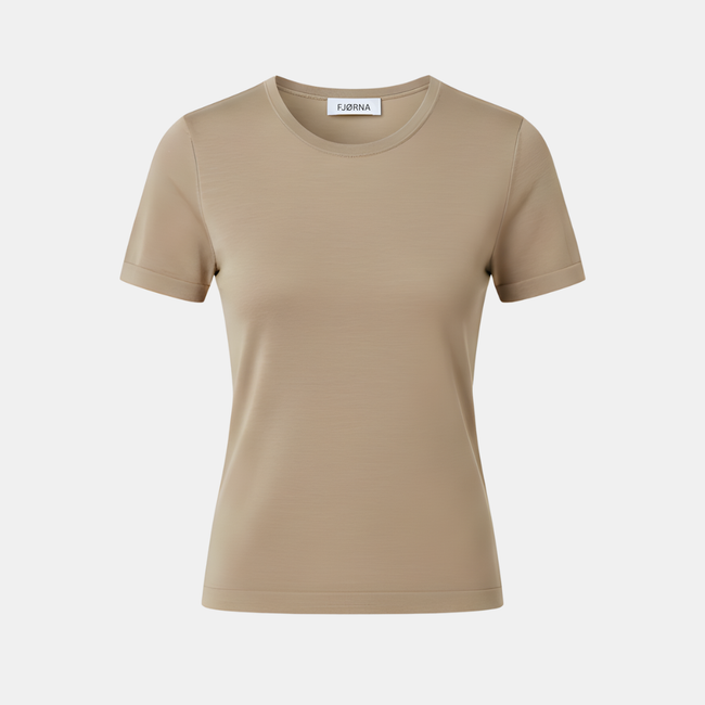 FJØRNA women's cotton slim fit T-shirt in white, showing a close-up of the soft, fitted women's top with short sleeves.
