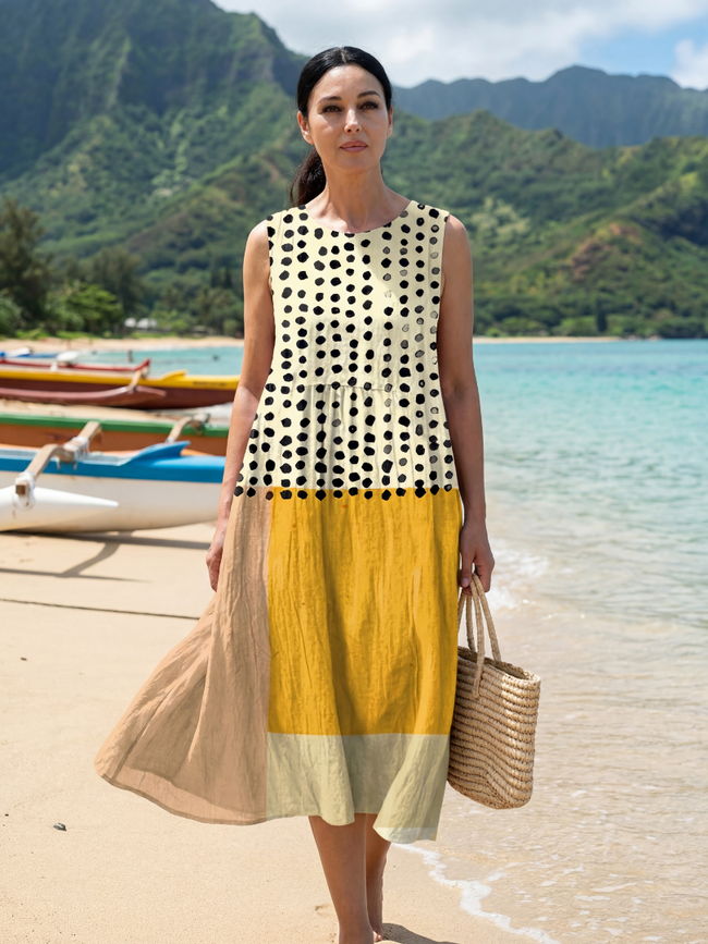 FJØRNA women's summer midi dress with polka dots, sleeveless design, lightweight fabric, perfect for warm weather.
