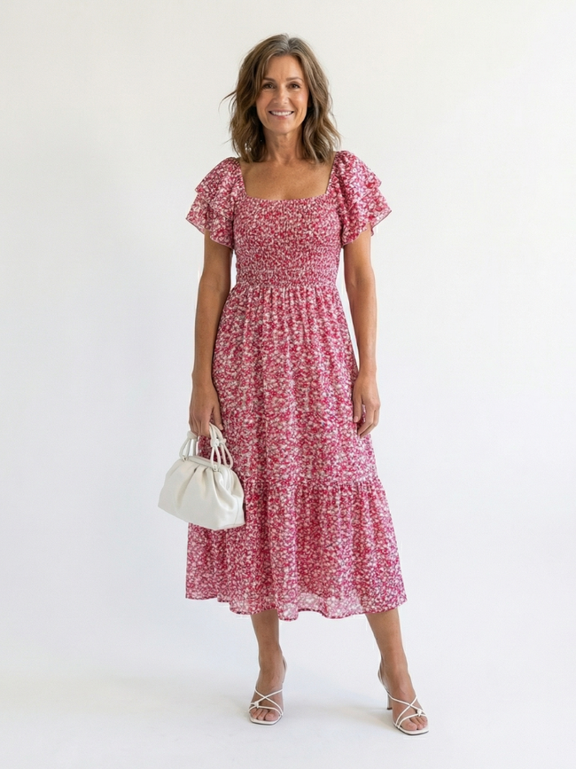 FJØRNA women's floral summer midi dress with puff sleeves and wrap design, perfect for warm-weather occasions.