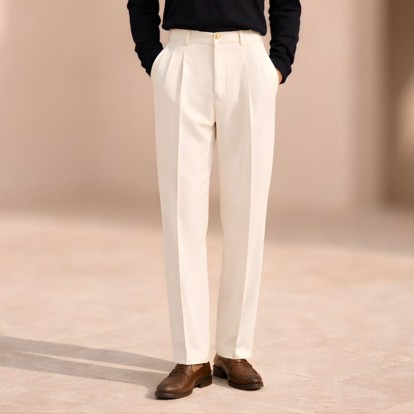 FJØRNA men's wide leg pleated trousers with a relaxed fit, featuring a comfortable, stylish design and natural drape.