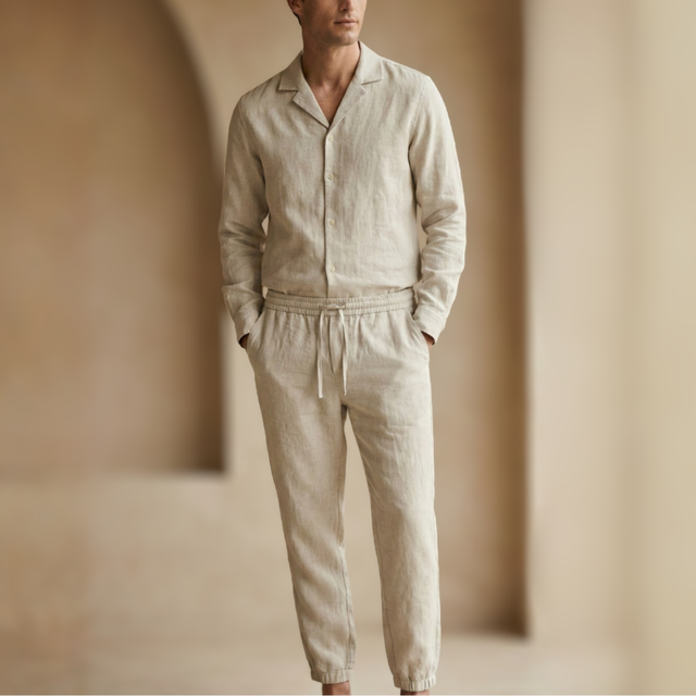 FJØRNA Miles lightweight linen men's shirt and pants set, casual summer outfit, beige color, comfortable fabric, relaxed fit.