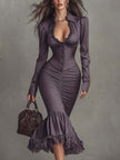 Dusty mauve lace ruched midi dress by FJØRNA, featuring elegant evening dress design with lace detailing and ruched waist.