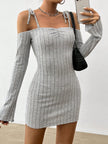 FJØRNA white shoulder tie-strap mini dress, stylish and cozy, shown on a model with a fitted silhouette and casual elegance.