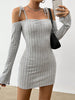FJØRNA white shoulder tie-strap mini dress, stylish and cozy, shown on a model with a fitted silhouette and casual elegance.