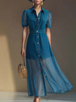 Blue denim V-neck short-sleeved organza maxi dress for women by FJØRNA, featuring a flowing silhouette and elegant design.