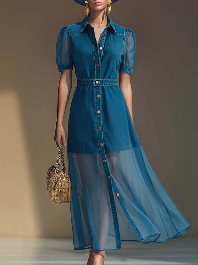 Blue denim V-neck short-sleeved organza maxi dress for women by FJØRNA, featuring a flowing silhouette and elegant design.