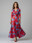FJØRNA floral summer maxi dress for women with long sleeves, wrap design, flowy fabric, perfect for warm weather.