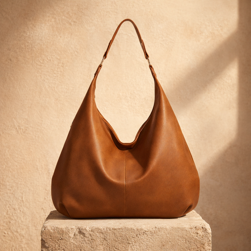 Large women's leather bag by FJØRNA, showcasing a stylish, spacious leather handbag with a sleek design and sturdy handles.