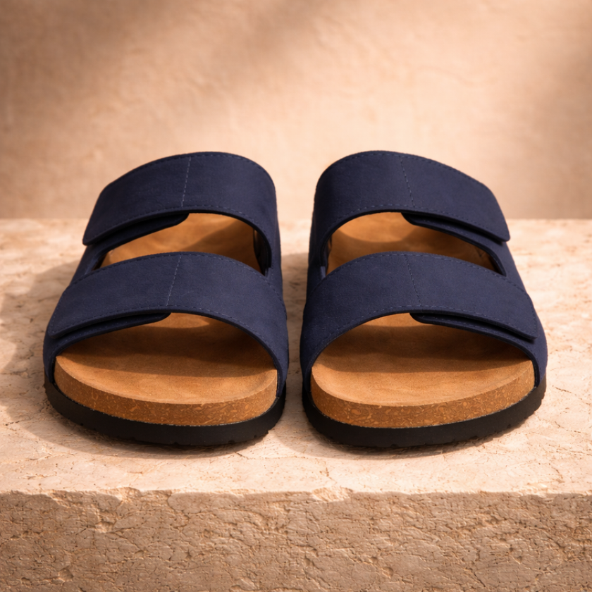 FJØRNA men's red cushioned sandals with open toe design and adjustable straps, ideal for casual summer wear.