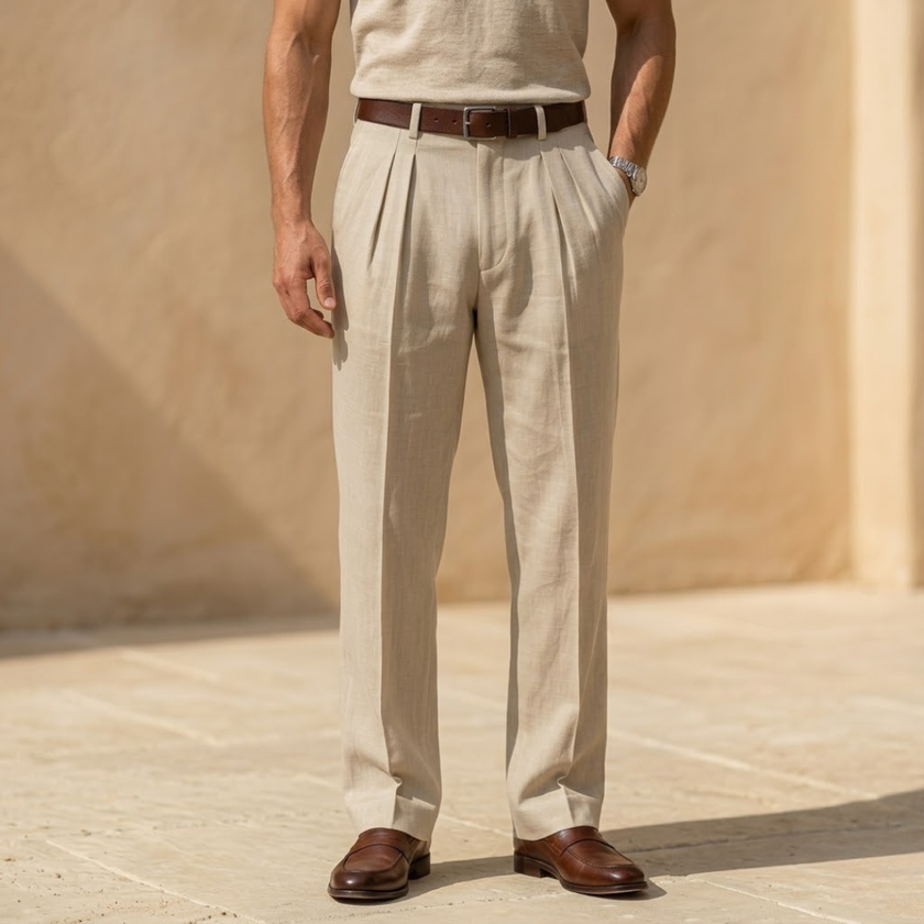 Men's linen blend straight leg trousers by FJØRNA with pleats and a relaxed fit, shown in a neutral color.