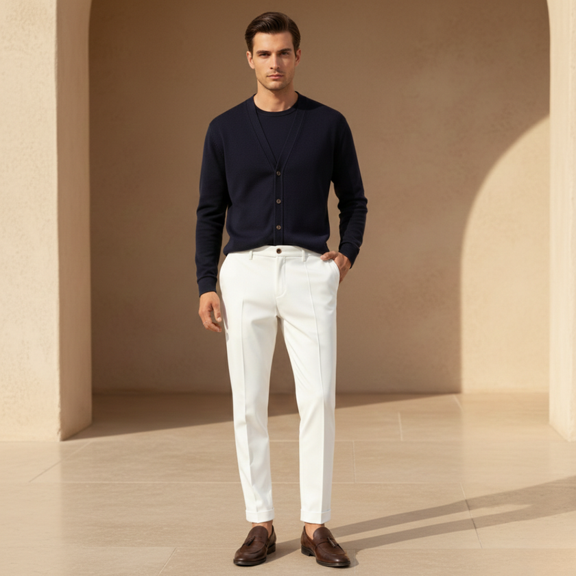 FJØRNA men's slim fit trousers, stylish men's pants with a tailored fit, shown in a neutral color on a model.