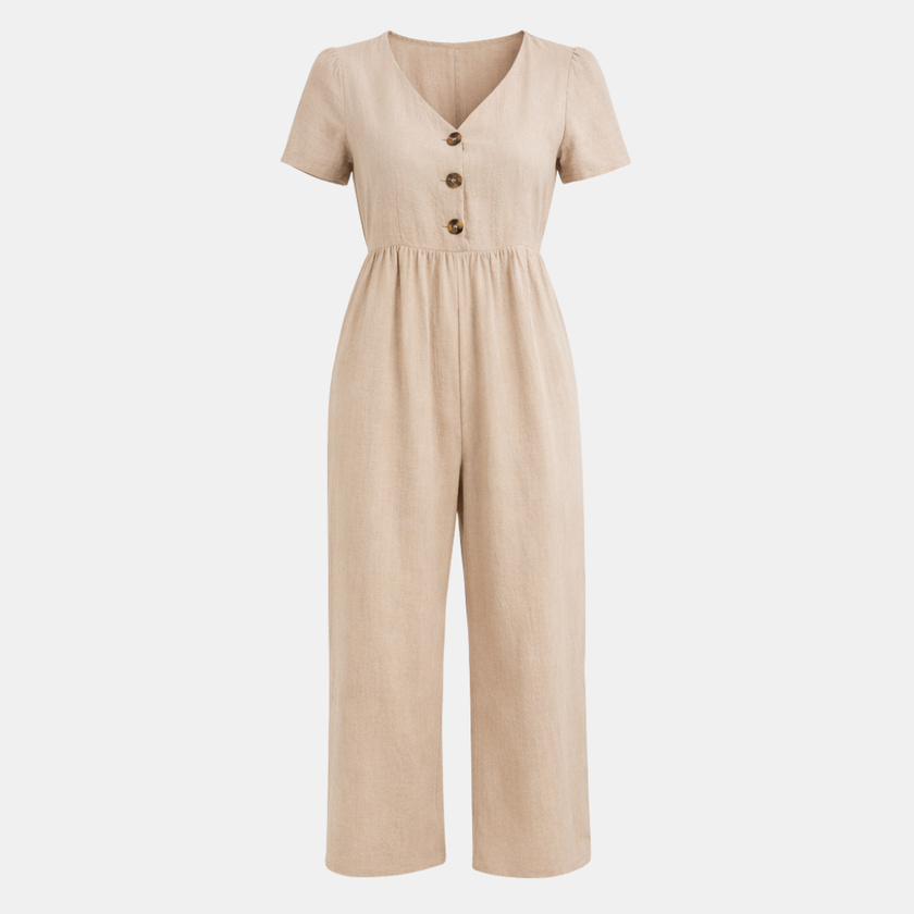 FJØRNA women's linen blend suit set featuring a wide-leg pants and matching blazer in neutral tones.